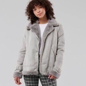 Hollister Faux Shearling Moto Jacket in Silvery Gray